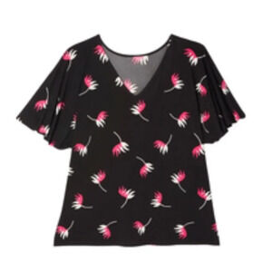 Leota for Dia & Co Allie Flutter Sleeve Black Floral Stretch Top 2X Plus Size